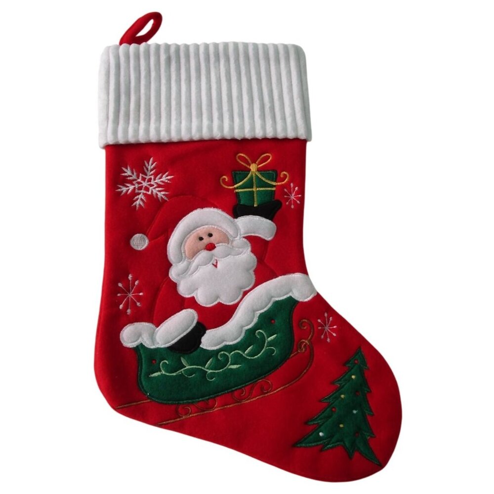 Santa Christmas Stocking  Ribbed Cuff Embroidered Felt Design GUC